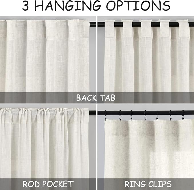 60 Inch Length Linen Curtains Cream Semi Sheer Light Filtering Back Tab and Rod Pocket Neutral Curtains for Bedroom Living Room 34 x 60 Inch,2 Panels