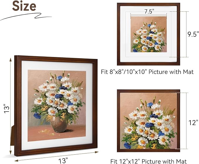 12x12 Picture Frame, Natural Walnut Photo Frame Set with Real HD Glass