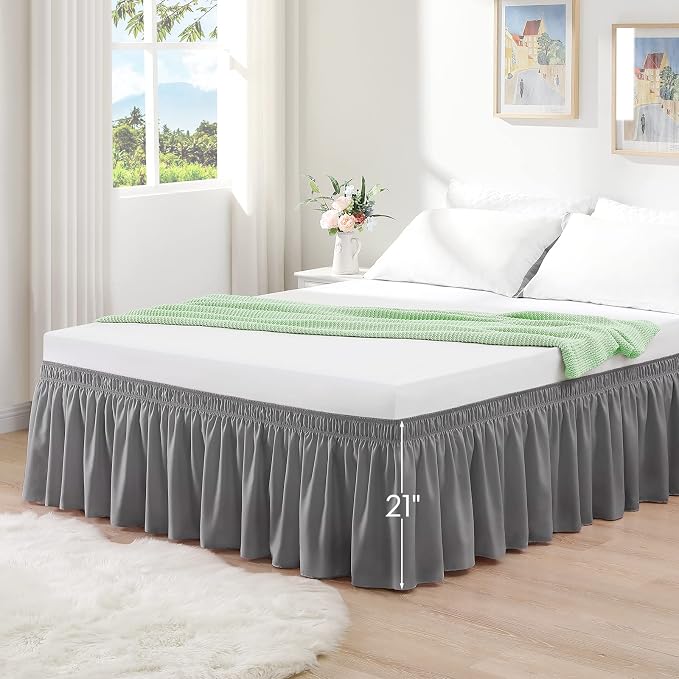Grey Bed Skirt Queen Size 21 Inch Drop, Elastic Wrap Around Bedskirt | Solid ruffled, Wrap-around/elastic, Wrinkle & Fade resistant, with Adhesive Strips, Gift Packed, Machine Wash/Tumble Dry/Iron