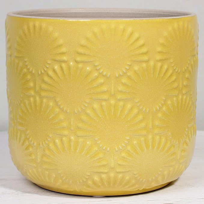 Boho Ceramic Planter，6.7" Contemporary Flower Pot for Indoor Outdoor Plants | Decorative Glazed Embossed Fan Textured Plant Pot with Drainage Hole & Plug, Bohemian Chic Home Garden Decor, Butter Yellow