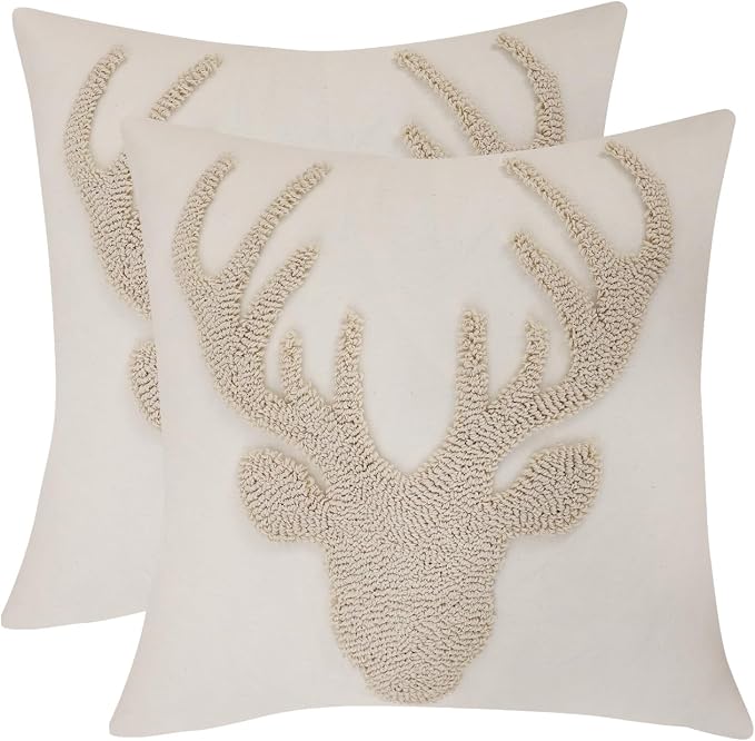 LUOYEHK Christmas Reindeer Pillow Covers 18x18 Set of 2 Farmhouse Rustic Throw Pillows Winter Holiday Merry Christmas Cushion Covers for Couch Sofa Bed