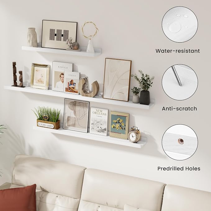 Acovy Solid Ash Wood Picture Ledge Shelf, 48 Inch, White, Set of 2