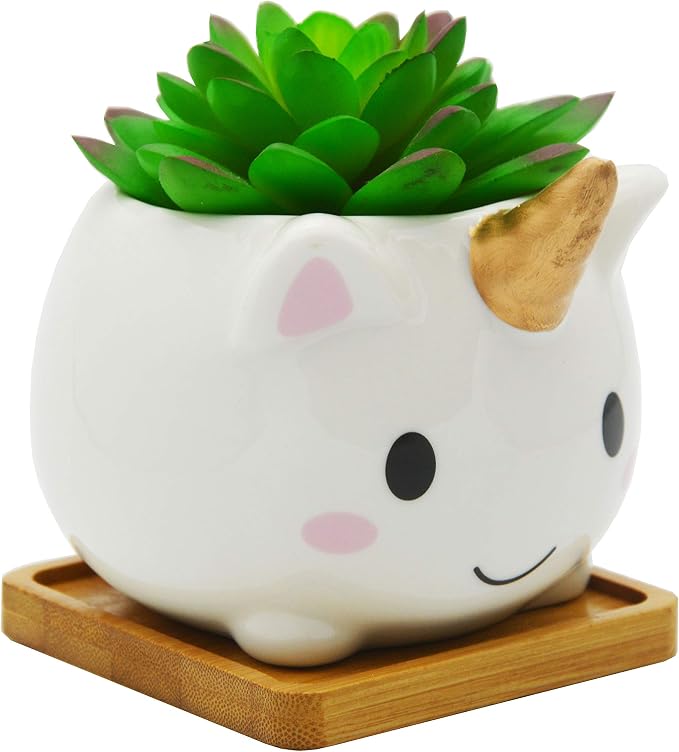 Cuteforyou Succulent Pots,Cute Animal Shaped Cartoon Ceramic Succulent Cactus Flower Planters with Bamboo Tray -Plant Not Included (Elf)