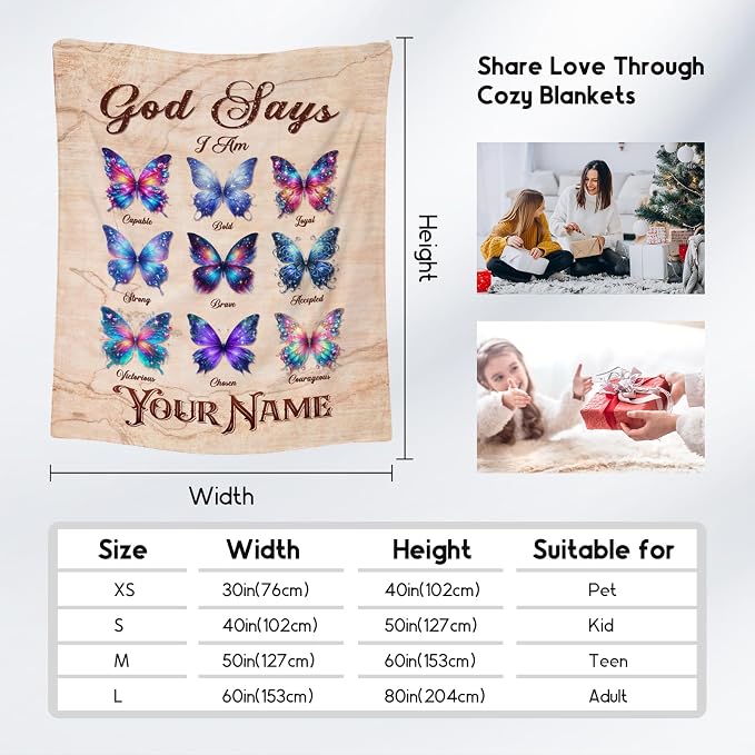 Personalized Butterfly Blanket with Name for Women, Girls & Kids - God Says I Am Fleece Fuzzy Throw for Couch, Inspirational Gifts for Her & Daughter, 30"x40"