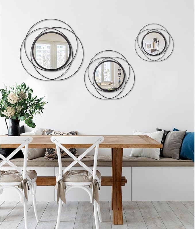 Mirrors Wall Decor Iron Frame Round Art Wall Mirrors Home Decoration Hanging Mirrors for Living Room Bedroom Bathroom Entryway Black 16"
