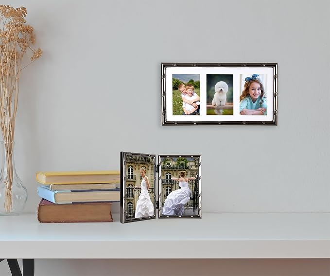 3-2x3'' Black Multi Metal Picture Frames,3 section frames 2pack, Elegant Bamboo Detail Designs Plated Photo Frames 3-2x3'' Baby Nurse frames With Soft Touch Velvet Backing for Desktop and Wall Décor(Black)