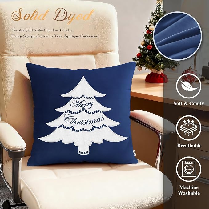 BRAWARM Christmas Pillow Cover 18 X 18 Inches, Navy Blue Christmas Tree Embroidered Pillow Cover, Soft Velvet Decorative Throw Pillow for Couch Bed Sofa Living Room Home