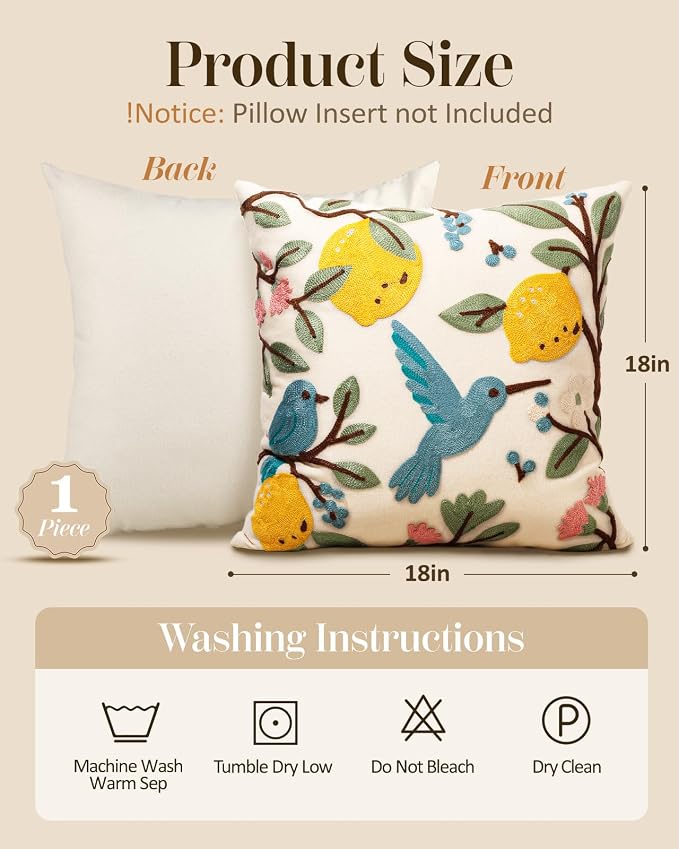 Embroidered Throw Pillow Cover 18x18 Inch, Bird Lemon | Decorative Pillow Cover, Farmhouse Cushion Case with Hidden Zipper, Cottagecore Decor for Couch, Sofa, Living Room, Bedroom