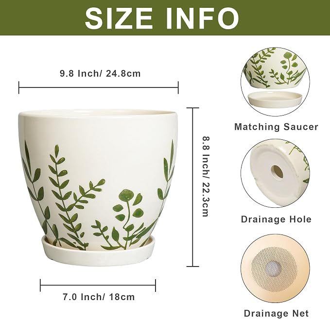 MPotTo 10 Inch Plant Pot - Ceramic Planter for Indoor Outdoor Flowers, Decorative Round Indoor Flower Pot with Drainage Hole and Saucer, Plant Lover Gifts, Garden Patio Home Office Decor, White