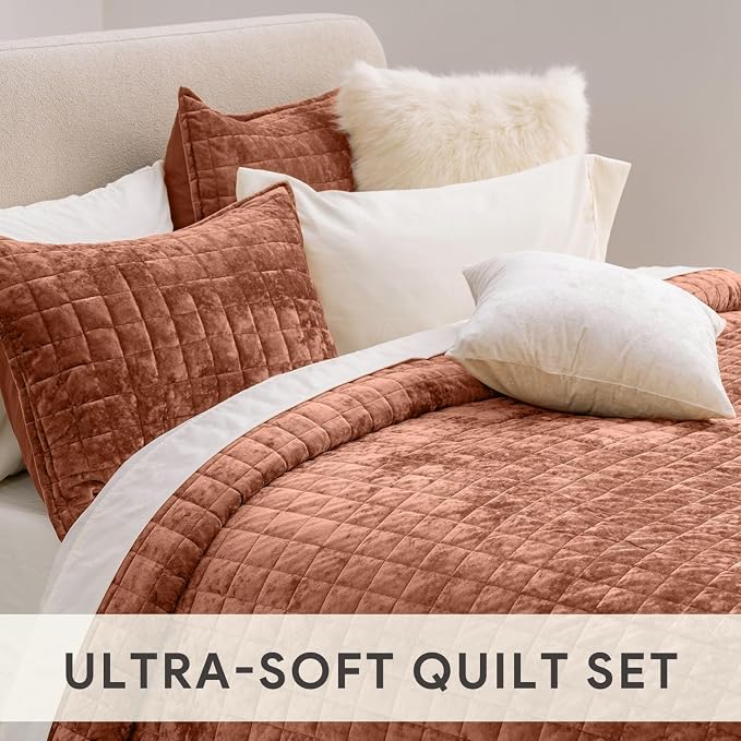 RECYCO Channel Box Stitch Velvet Quilt Set, Full Queen Size, Terracotta | Ultra Soft Lightweight Velvet Comforter, Luxury Oversized Bedspread Coverlet, Quilted Bedding Set for All Season with 2 Shams