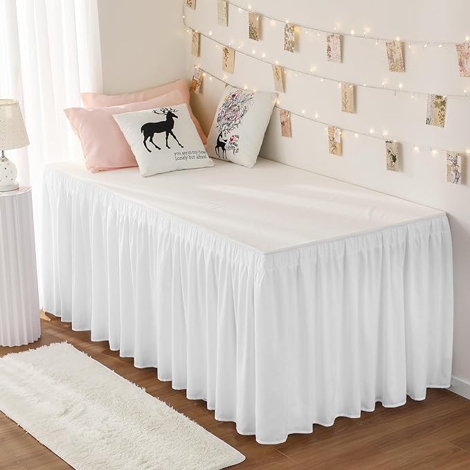 Dorm Bed Skirt Twin XL 36" Drop, College Dorm Room Essentials, White | Solid ruffled, Wrap-around/elastic, Wrinkle & Fade resistant, with Adhesive Strips, Gift Packed, Machine Wash/Tumble Dry/Iron