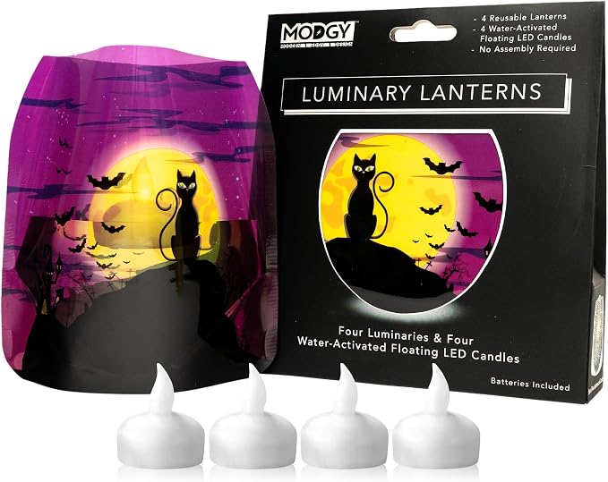 MODGY Luminary Lanterns, Halloween Candle Holders with Flameless Floating LED Candles, Indoor Outdoor Decor for Parties, Home, Windows, and Mantels, Table Centerpiece, 4-Pack, Salem