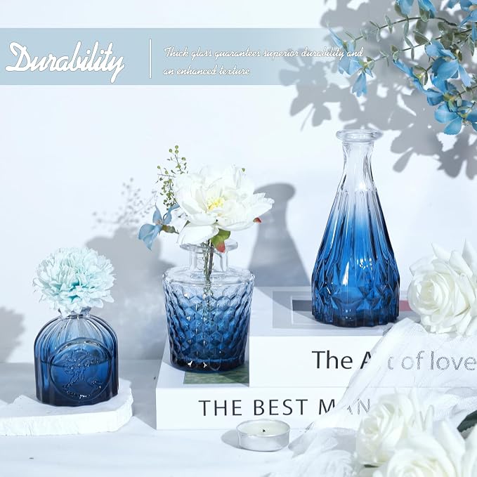 TBWIND Blue Glass Bud Vase Set of 5, Small | Flower Vases for Centerpieces in Bulk, Mini Vintage Vase, For Wedding Decor, Single Flowers and Home Table Décor