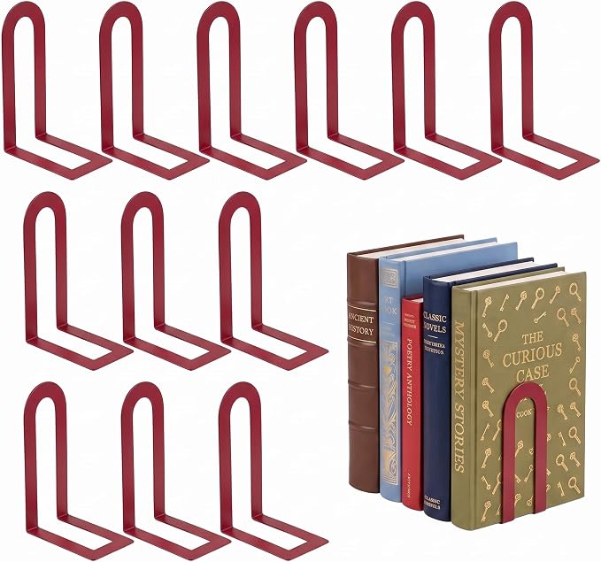 Sanwarm Bookends, 12 Pcs, Metal, for Home Office Desk Shelves Red Modern | Decorative Book Ends Non-Skid Book Stoppers Holder 6 Pair Gifts for Reading Enthusiasts Library Decor