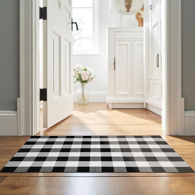 Buffalo Plaid Area Rug, Checkered Rug 3x5 Ft, Black and White Rug, Washable Cotton Mat for Front Porch, Entryway, Kitchen, Living Room, Home Decor