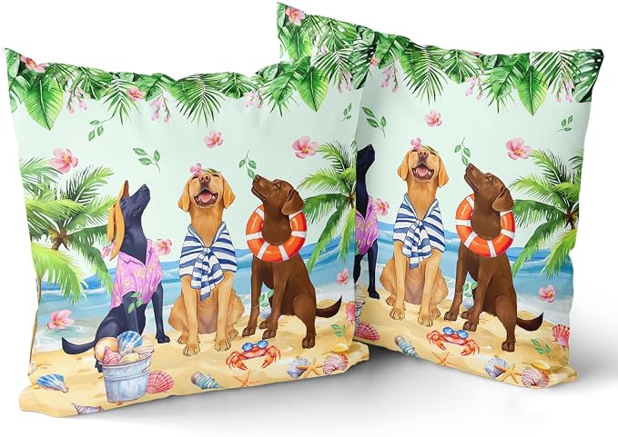 Giwawa Summer Dogs Pillow Covers Set of 2 20"x20" Funny Coastal Beach Puppy Square Pillowcases Tropical Palm Leaf Floral Soft Cotton Throw Cushion Covers for Sofa Couch Patio Living Room Decor