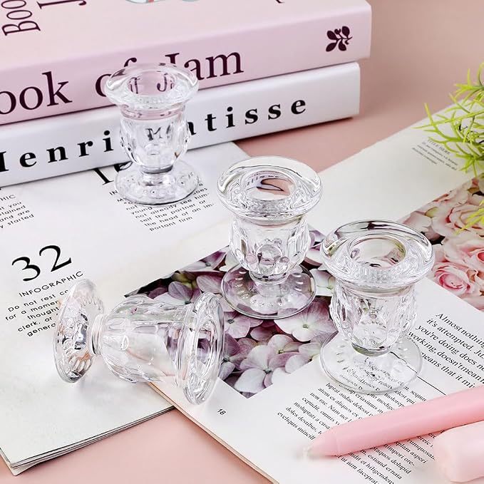 Glass Taper Candle Holder Set of 6 - Clear Crystal Candlestick Holders for Tapered Candles, Elegant Candle Stick Holder Set for Wedding Party Christmas Thanksgiving Festival (6, Transparent)