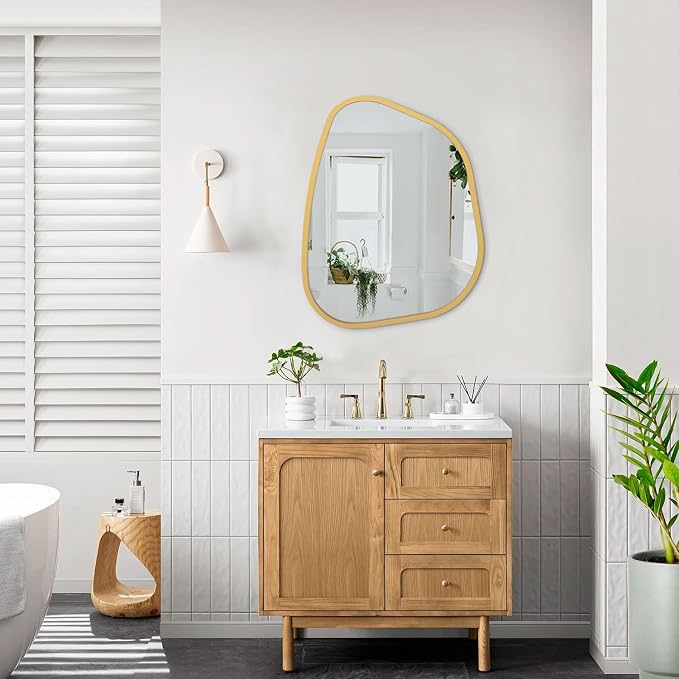 Gold Asymmetrical Mirror Large 20"x16" Irregular Oval Wall Mirror Modern Wood Frame Unique Shape Wall Mounted Vanity Artistic Mirror Decorative for Living Room Bedroom Bathroom Entryway