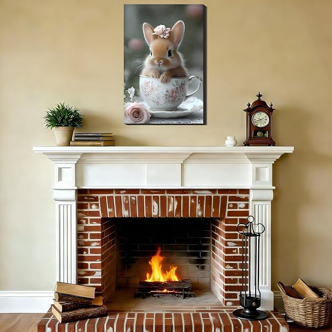 Bunny in a Teacup Easter Framed Canvas Wall Art, Cute Rabbit Pictures Prints for Kitchen, Bright Spring Canvas Art & Holiday Home Office Wall Decoration, Ready to Hang, 8x12