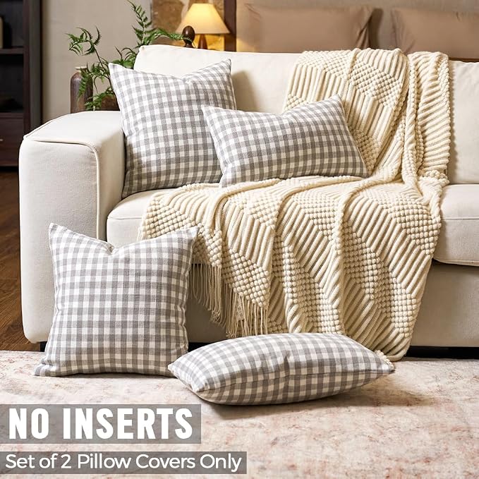 CARRIE HOME Buffalo Plaid Lumbar Pillow Covers 12x20 Set of 2, Light Grey and White Gingham Check Lumbar Pillows, Outdoor Farmhouse Checkered Pillow Covers for Patio Furniture (No Pillow Inserts)