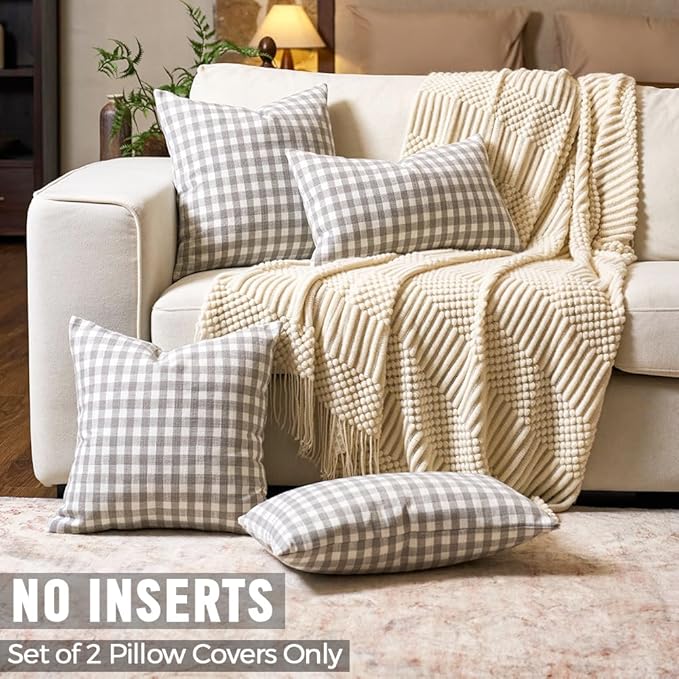 Light Grey Throw Pillows Gray Gingham Plaid Large Square Pillow Cover 22x22 | 22 x 22 Gray Grey Textured Pillow Covers, Farmhouse Vintage Cottage Core Decor, Couch Sofa Bed, Fundas Para Cojines De Sala