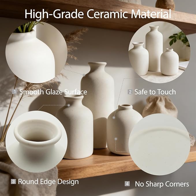 Ceramic Vase Setamic Vase Set, Modern Minimalist Decorative Vases Neutral Colors, Small Vases for Home Shelf Decor, Table Centerpiece for Living Room, Mantel & Shelf (White)