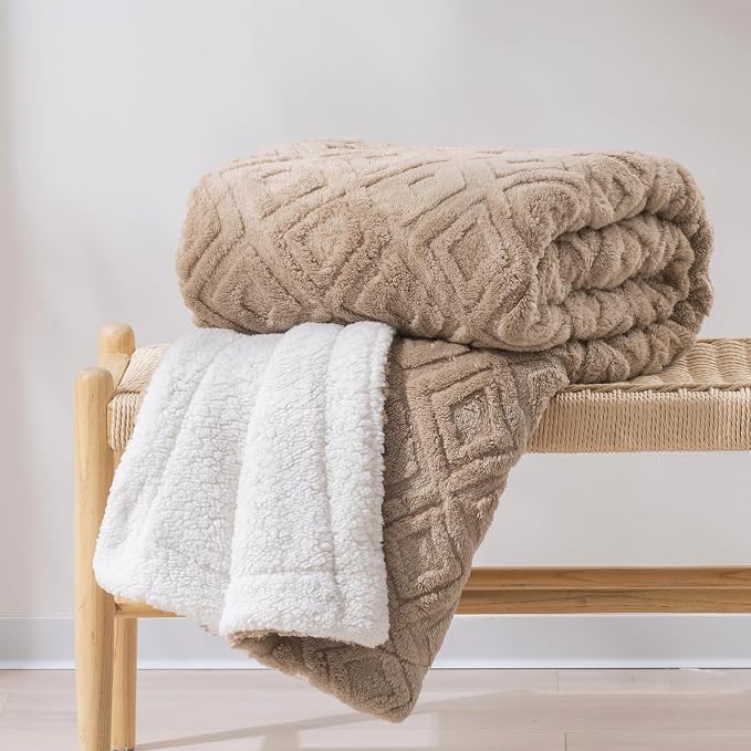 EverGrace Jacquard Reversible Sherpa Throw Blanket, 50" x 60", Khaki Tan | Jacquard Sherpa Throw Blanket, Super Soft, Cozy Plush Blanket, Reversible Thick Warm Throw for Bed, Sofa, Living Room
