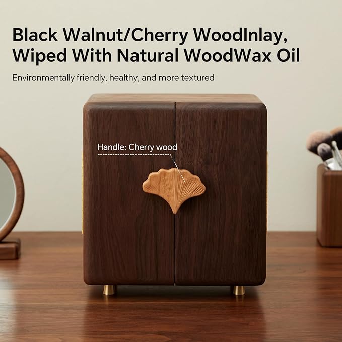 Black Walnut Wood Jewelry Box, Large | Women & Men, Velvet Lined, 5 Drawers, Hand Carved Ginkgo Leaf Handles, Double Door Wardrobe Design