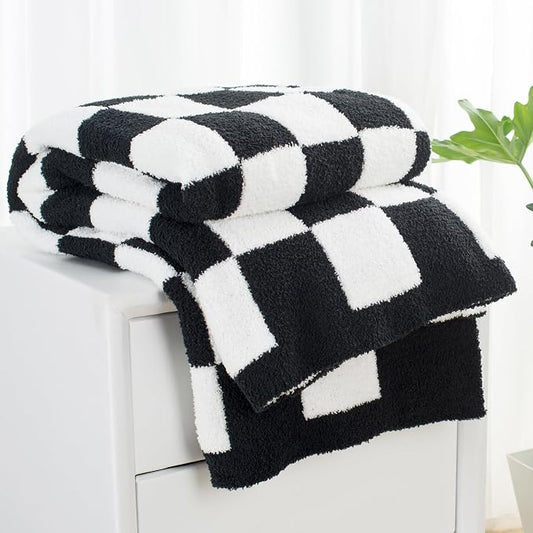 Carriediosa Checkered Throw Blanket 50x60, 400GSM Ultra Soft Microfiber | Black, Fuzzy Fluffy Cozy Plush Knit Knitted Plaid Checker, Lightweight Cute Preppy Fall Blankets & Throws for Couch, Bed