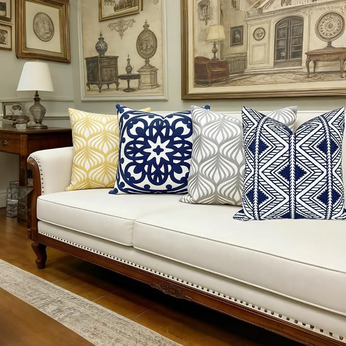 Slow Cow Embroidery Decorative Throw Pillow Cover Geometric Design Cushion Cover 18x18 Inches Navy Blue