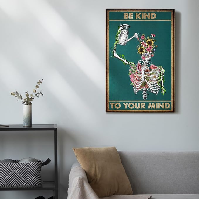 DIHSIEG Be Kind To Your Mind Canvas Wall Art Gothic Botanical Print 12x16 | Inspirational Modern Home Decor Vintage Skeleton Flower Wall Art for Bedroom, Living Room, Office & Study, Meditation Space