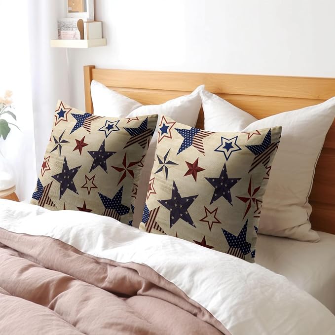 Kawani 4th of July Patriotic Pillow Covers 24x24 Inch Vintage Red Blue American Stars Independence Day Outdoor Throw Pillows Set of 2 Rustic Memorial Day Pillowcases for Couch