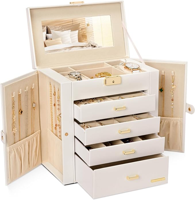 Homde Large Jewelry Box for Women: 5-Layer Organizer with Lock for Dresser | Separated Storage for Necklace Earring Ring Watch to Sort Daily Jewelry - Keep Vanities Tidy - Birthday Gift