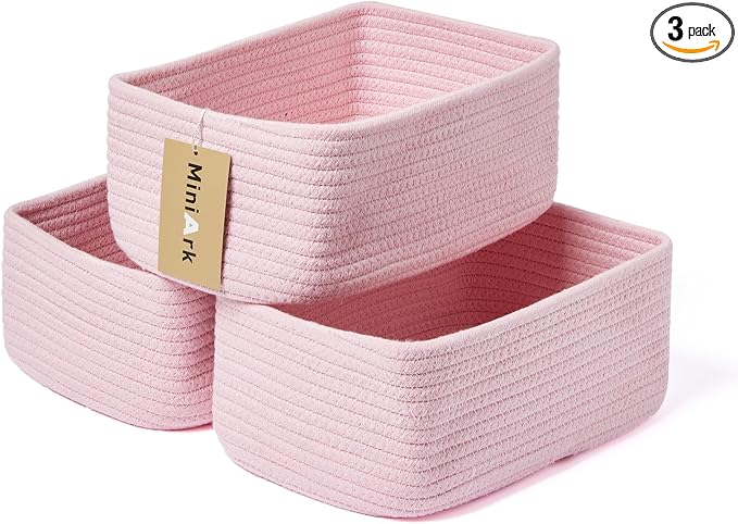 MiniArk Small Storage Baskets for Organizing | Closet Organizer Bins | Shelf Toy Basket | Woven Rope Baskets | Cube Decorative Box | Shallow Basket | 11.5x7.5x4.7” | 3 Packs Pink