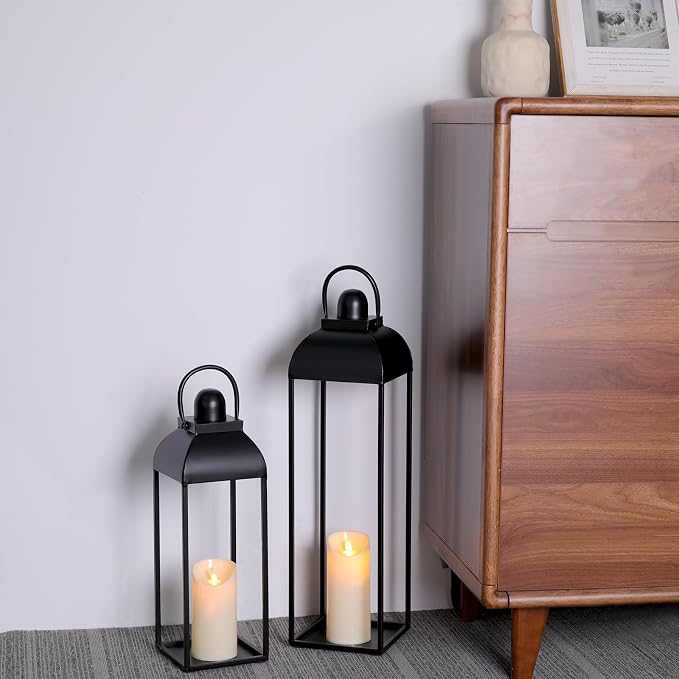 25'' 19'' Lanterns Decorative Outdoor Indoor, Black Metal Outdoor Lanterns | Set of 2 No Glass Modern Farmhouse Decorative Lantern with Candle and Remote Control for Fireplace, Patio, Porch, Floor