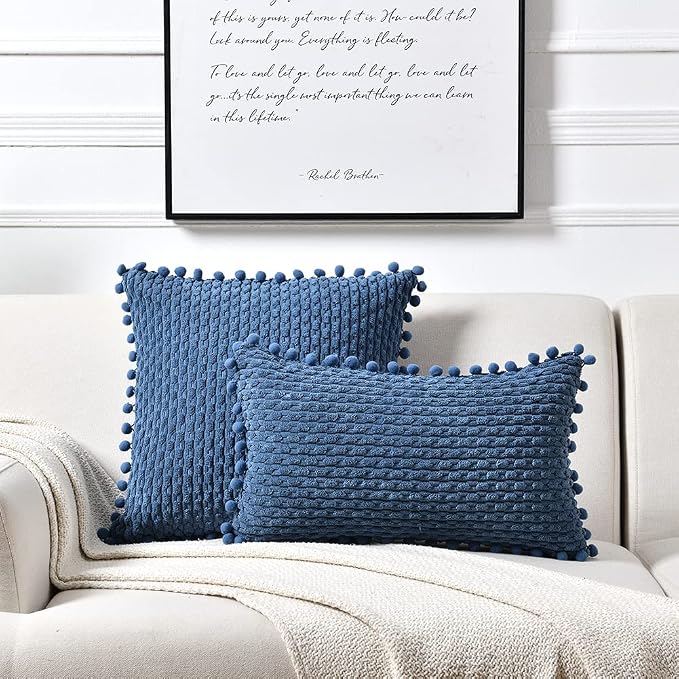 Fancy Homi Set of 2 Dusty Blue Lumbar Decorative Throw Pillow Covers 12x20 Inch with Pom-poms for Couch Bed Sofa, Farmhouse Boho Home Decor, Soft Plush Corduroy Cute Rectangle Cushion Case 30x50 cm
