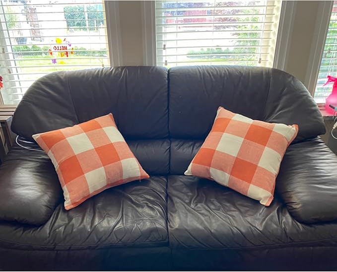 VAKADO Orange Buffalo Plaid Fall Throw Pillow Covers 22x22 Set of 2 | Orange buffalo check polyester, hidden zipper.Outdoor Fall porch decor for Thanksgiving. machine washable.