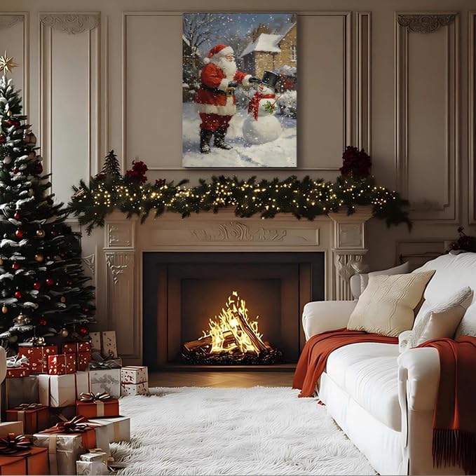 FLZYKGPA Christmas Wall Art Prints 24x36, Winter Christmas Picture Wall Decor Santa Snowman Canvas Artwork for Bathroom, Snow Scene Street Aesthetic Posters for Bedroom, Christmas Holiday Decor
