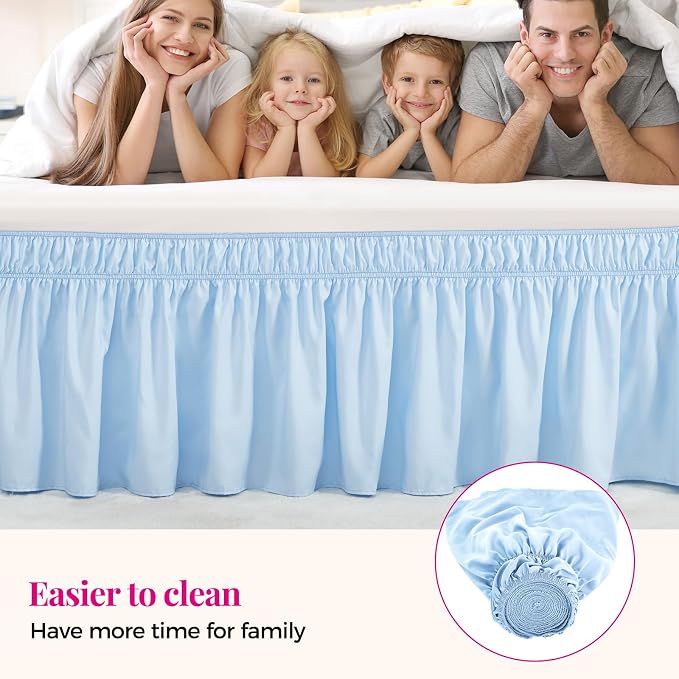 Light Blue Bed Skirt Queen Size 18" Drop, Elastic Wrap Around Bedskirt | Solid Ruffled, Easy to Use, No Mattress Lifting, Wrinkle & Fade Resistant, with Adhesive Strips, Machine Wash/Dry/Iron