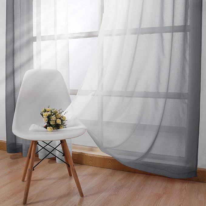 DWCN Grey Ombre Sheer Curtains - Faux Linen Gradient Grommet Top Semi Voile Bedroom and Living Room Curtains, Set of Window Curtain Drapes, 52 x 72 Inch Length