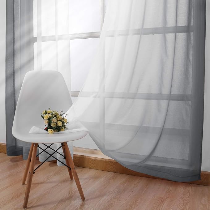 DWCN Ombre Grey Faux Linen Sheer Curtains - Semi Voile Gradient Grommet Top Curtains for Bedroom and Living Room, 52 x 96 Inches Long, Set of 2 Window Curtain Panels