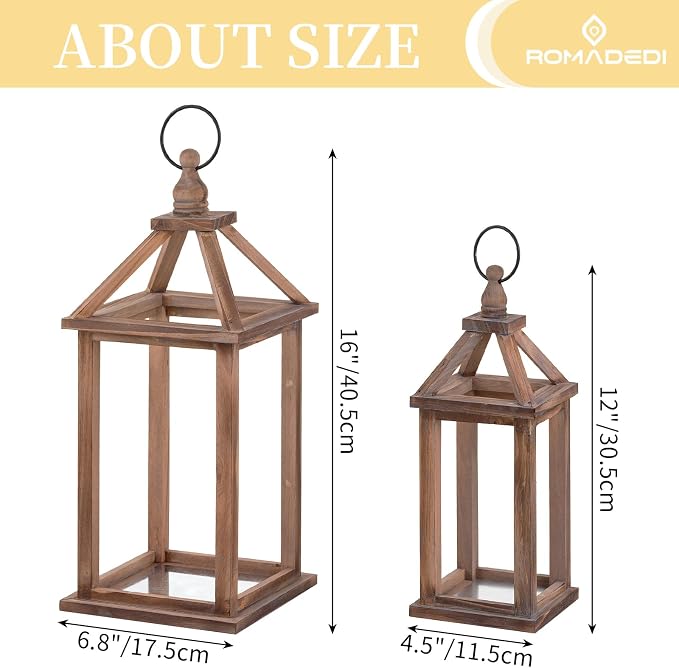Romadedi Wood Candle Lantern Decorative, Brown, Rustic Decor Set of 2 | Farmhouse Wooden Lanterns, Decorative Candle Holder, Wedding Table Centerpiece, Indoor Outdoor, Fireplace Decorations