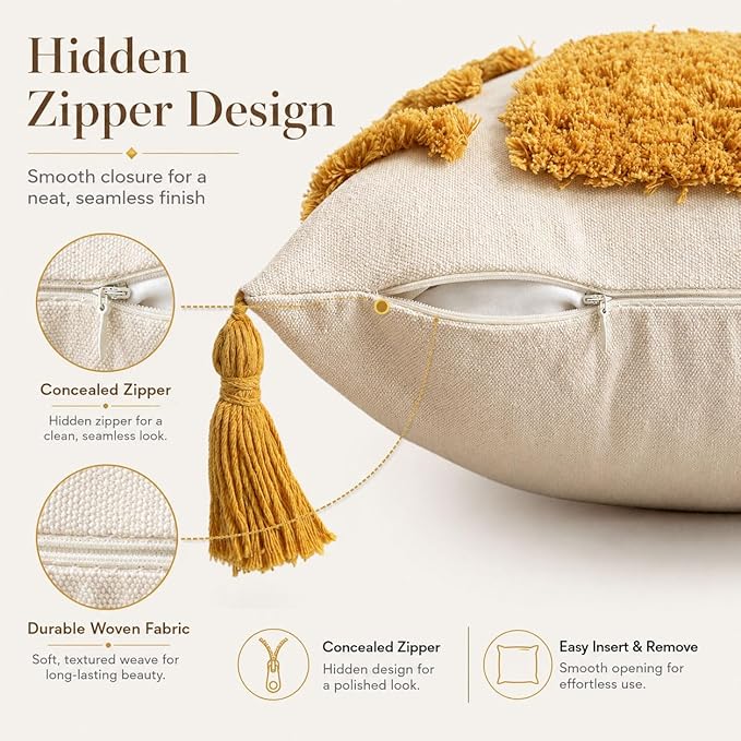 Zealax Decorative Boho Throw Pillow Cover 18x18 Inch for Couch Living Room Outdoor, Sun Tufted Pillow Covers with Tassels Cushion Case, Rustic Modern Farmhouse Home Decor (No Pillow Insert, 1Pc)