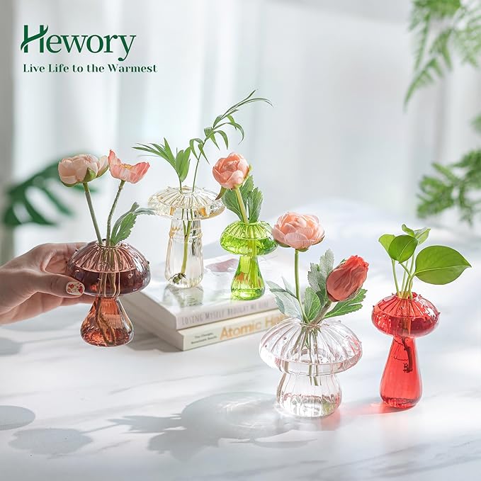 Hewory Glass Mushroom Vase for Flowers, 10pcs Colored Small Bud Flower Vases Unique, Mushroom Propagation Hydroponic Vases, Funky Cottagecore Decor for Home Room Kitchen Office Windowsill Decorations | Propagation Vases, Mushroom Decor, Gifts for Plant...