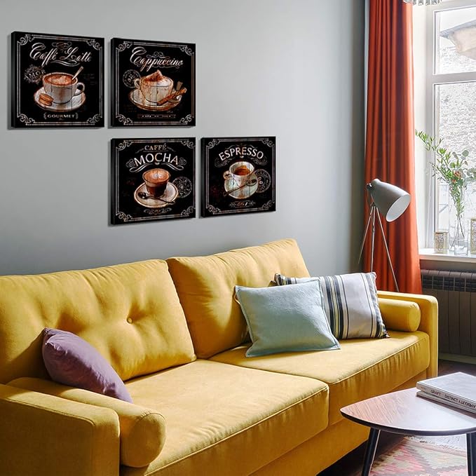 Vintage Coffee Wall Decor Kitchen Bar Wall Art Retro Brown Coffee Picture Latte Mocha Espresso Cup Cafe Signs Canvas Painting Modern Artwork for Dining Room Restaurant Office Home Decoration 16x16" 4P