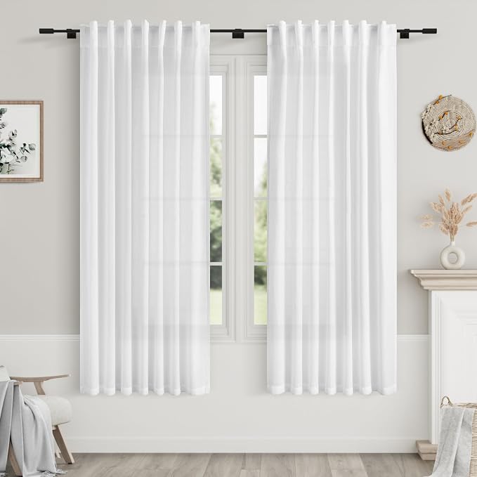 White Linen Curtains 65 Inch Length for Living Room 2 Panels Set Semi Sheer Light Filtering Privacy Back Tab Rod Pocket Drapes Neutral Modern Farmhouse Window Curtain for Bedroom 52x65