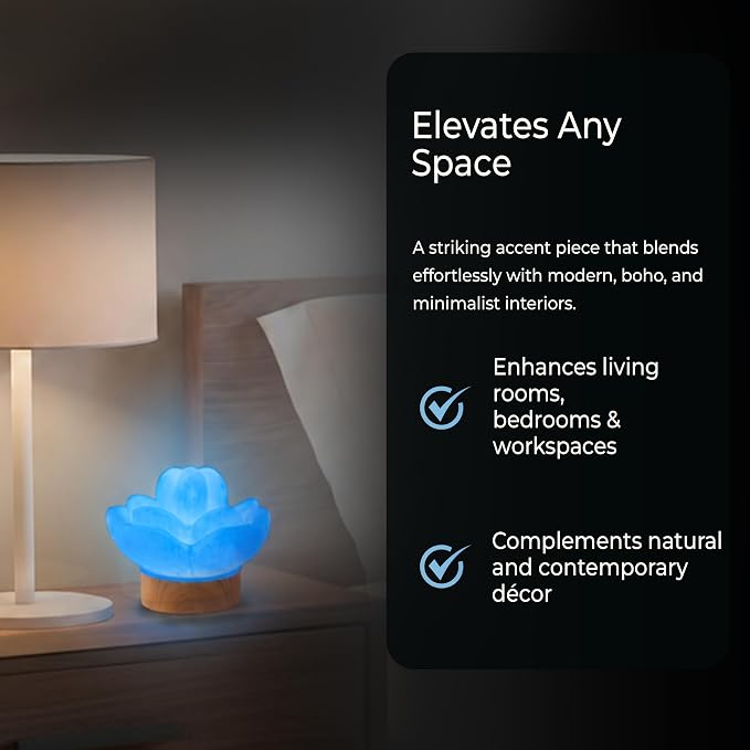Wish Well 3 pc Lotus Flower Selenite Lamp with 7 Color LED Wooden Base
