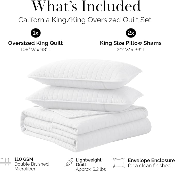 Southshore Fine Living, Inc. Oversized King Quilt Bedding Set with Shams, Lightweight White Coverlet Quilt King Size Bedspread, Luxury Bedding, Bed Spread for California Kings Mattress, White Quilts