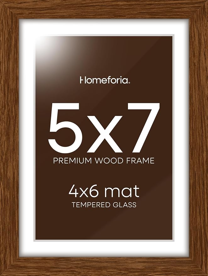 Homeforia 5x7 Brown Oak Picture Frame, High-End Wood, 4x6 Mat, Glass