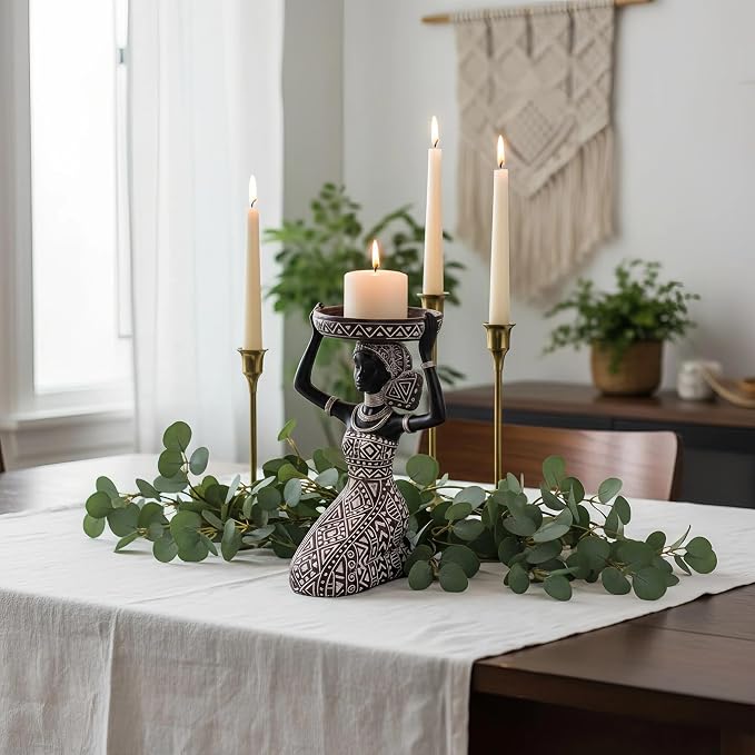 African Lady Figurine Candle Holder with African Tribal Totem for Wedding, Holiday Decor-African Decorative Women Statues, Candlestick Holder for Home and Table Decor(753-Brown)